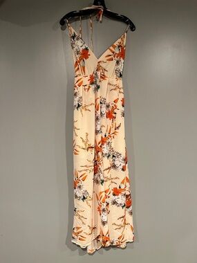 Simplee Apparel Cream Floral Backless Maxi Dress with Orange Accents